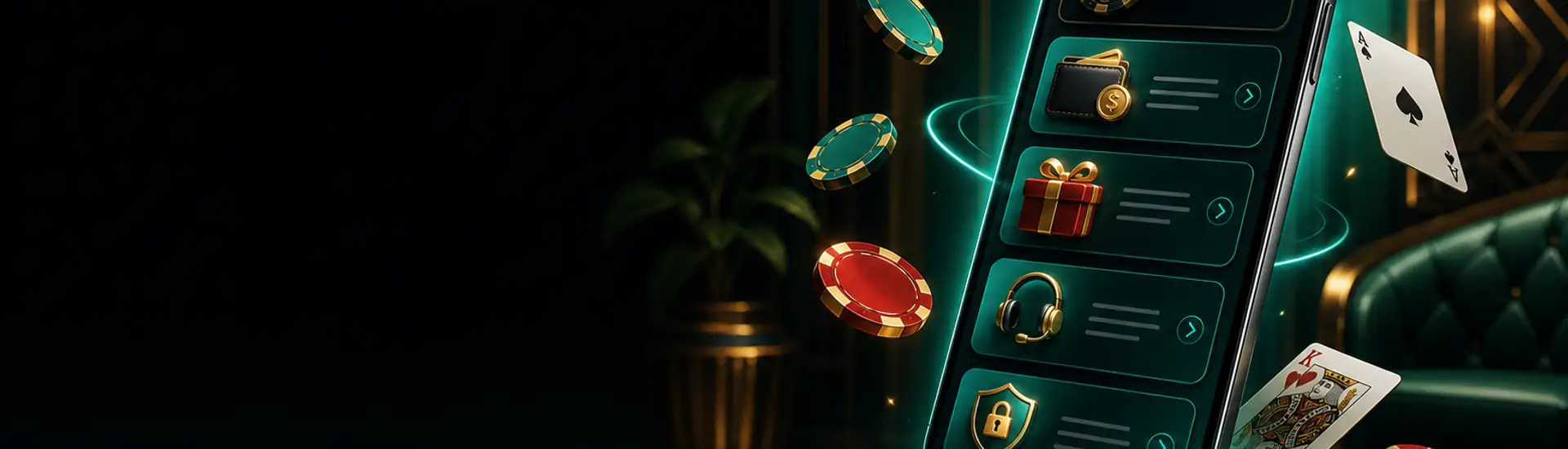 Premium smartphone app download gaming banner with secure wallet and support cards