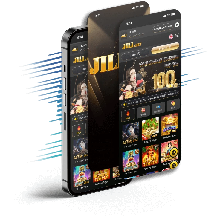 Jilibet mobile app screens with casino game tiles and download interface