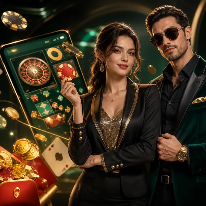 Premium casino gaming characters with chips, cards, red envelope rewards, and a mobile gaming interface